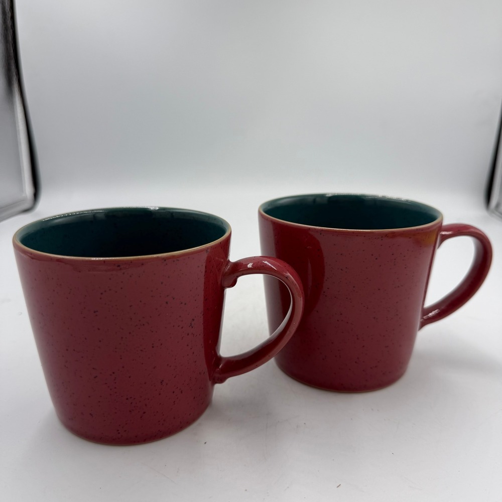 Denby Harlequin Red Green Large Mug Pair‎ Rare Discontinued Stoneware England
